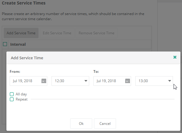 Example Add first Service time in the new calendar