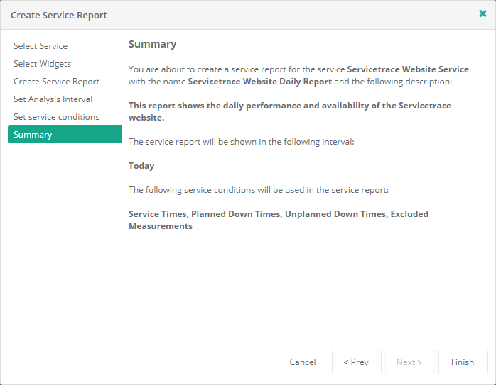 Create Service Report wizard - Service conditions summary