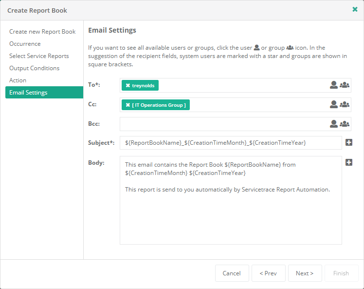 Create Report Book wizard - Email Settings