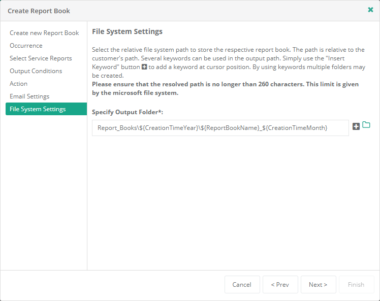 Create Report Book wizard - File System Settings