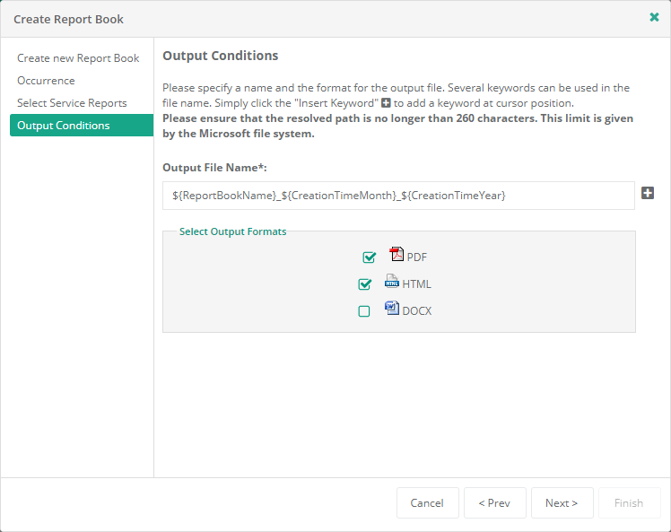 Create Report Book wizard - Output Conditions