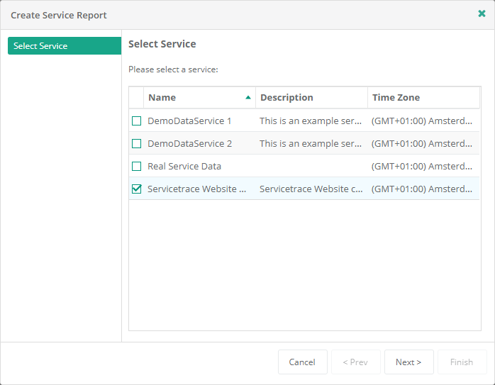 Create Service Report wizard - Select Service
