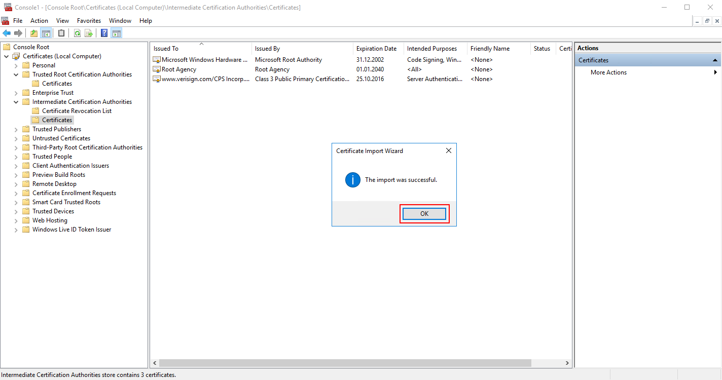 conf_ImportCert_WinKeystore_MMC_File_AddSnapIn_Certificates_IntermediateCA_Import_Succesful