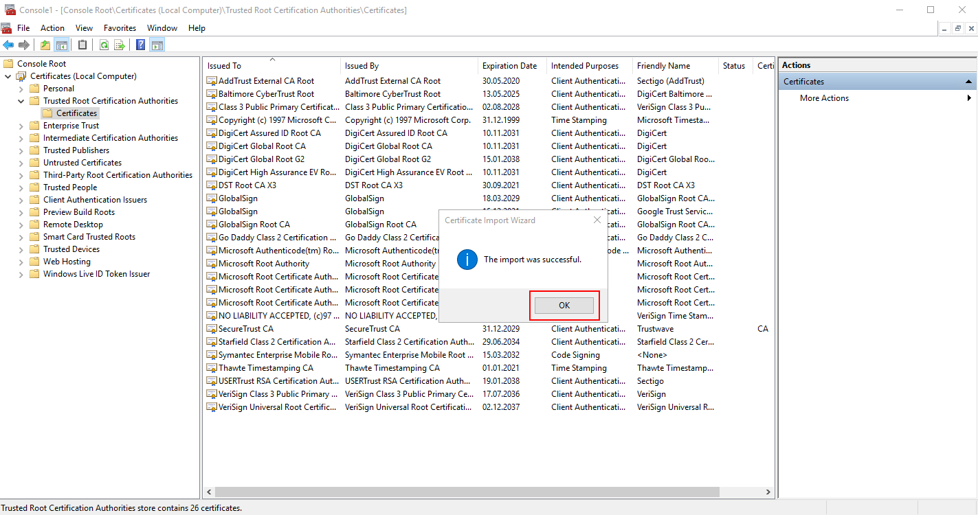 conf_ImportCert_WinKeystore_MMC_File_AddSnapIn_Certificates_TrustedRootCA_Import_Succesful